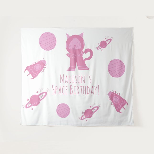 Space Cat Pink Galaxy Birthday     Tapestry (Front (Horizontal))