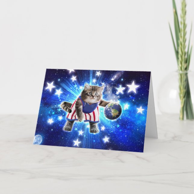 Space cat playing basketball                       card (Front)