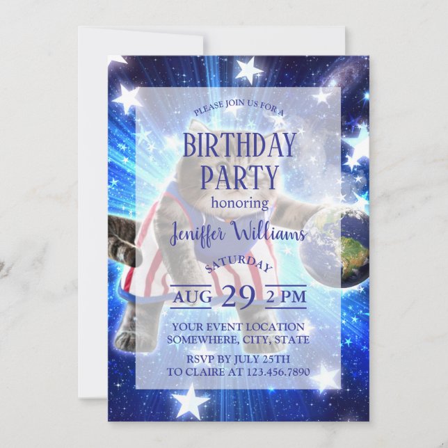 Space cat playing basketball                       invitation (Front)