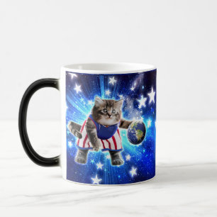 Space cat playing basketball magic mug