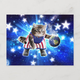 Space cat playing basketball postcard