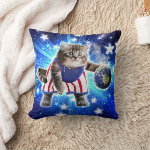 Space cat playing basketball throw pillow