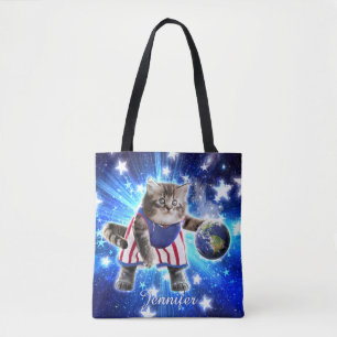 Space cat playing basketball                       tote bag