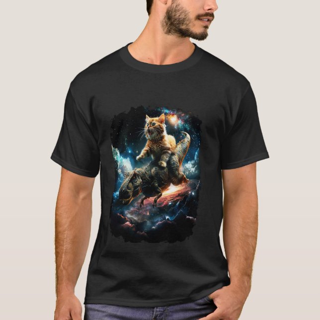 Space Cat Riding Dinosaur T Rex 2 T-Shirt (Front)
