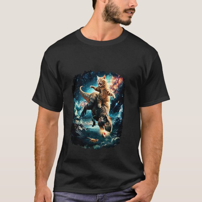 Space Cat Riding Dinosaur T Rex T-Shirt (Front)