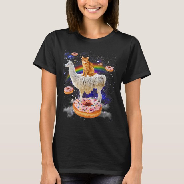 Space cat riding llama and doughnuts galaxy funny  T-Shirt (Front)