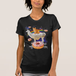 Space cat riding llama and doughnuts galaxy funny T-Shirt