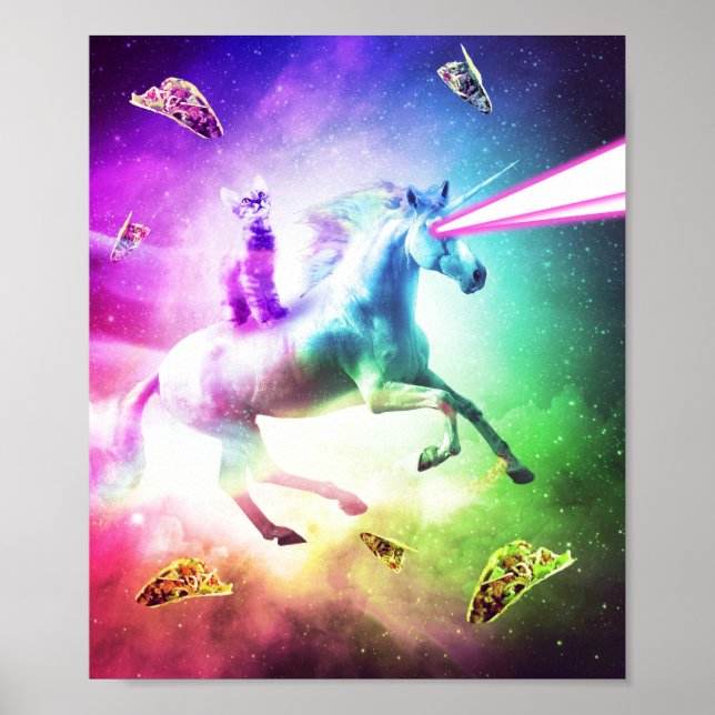 Space Cat Riding Unicorn - Laser, Tacos And Rainbo Poster (Front)