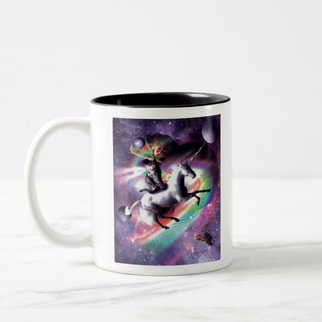Space Cat Riding Unicorn - Laser, Tacos, Rainbow Two-Tone Coffee Mug (Left)
