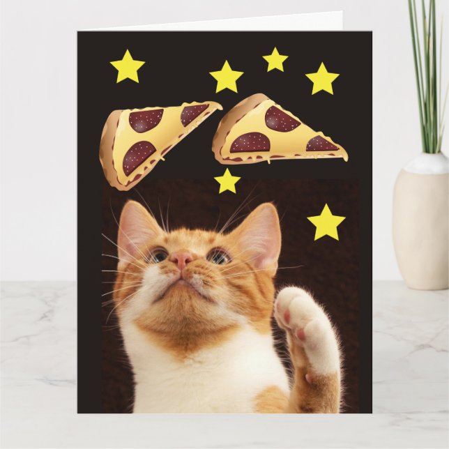 SPACE CAT WITH PIZZA funny BIRTHDAY CARD (Front)