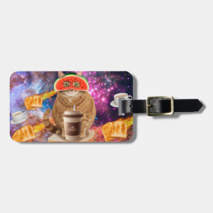 Space cat with watermelon glasses luggage tag