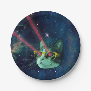 Space cat with yelow glasses paper plate