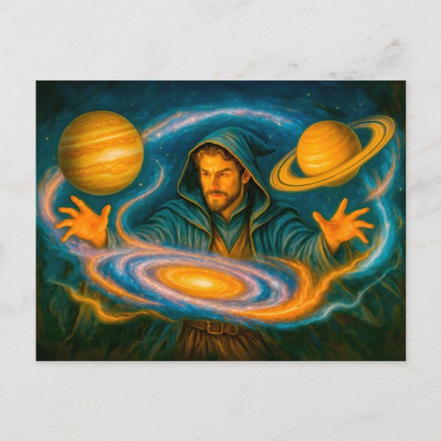 Space-controlling mage in cosmic oil painting holiday postcard (Front)