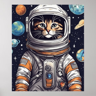 Space Cowboy Cat Print, Bright Rainbow Digital Art Poster