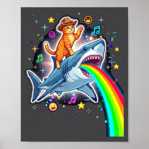 Space Cowboy Cat Riding Shark Rainbow Xel Art Poster