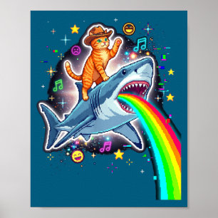 Space Cowboy Cat Riding Shark Rainbow Xel Art  Poster
