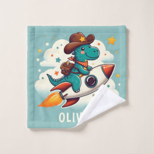 Space Cowboy Dino Trex Riding Rocket Personalized Wash Cloth