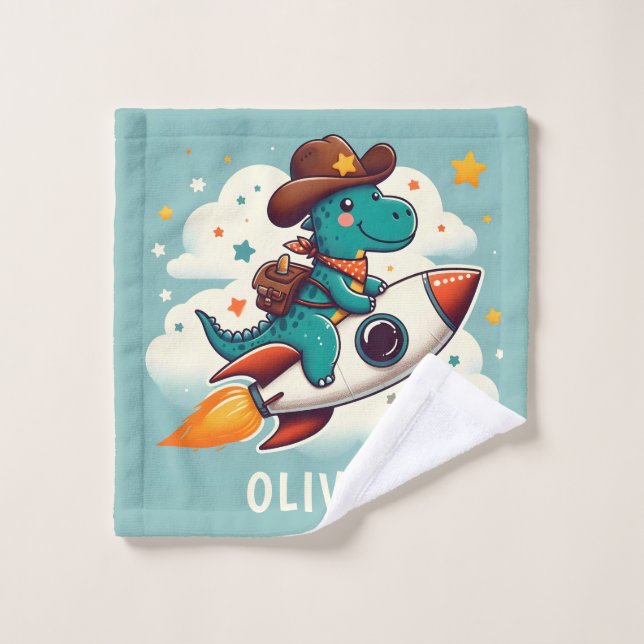 Space Cowboy Dino Trex Riding Rocket Personalized Wash Cloth (Wash Cloth)