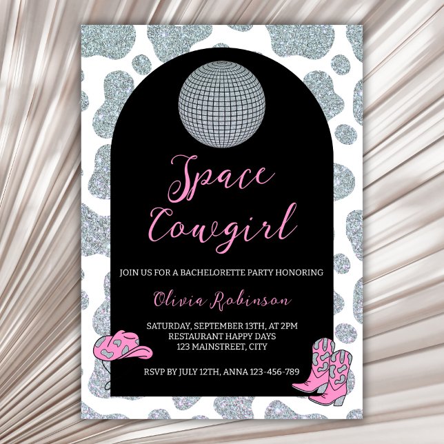 Space Cowgirl Glitter Cow Print Bachelorette Party Invitation (space cowgirl disco bachelorette party invitation)