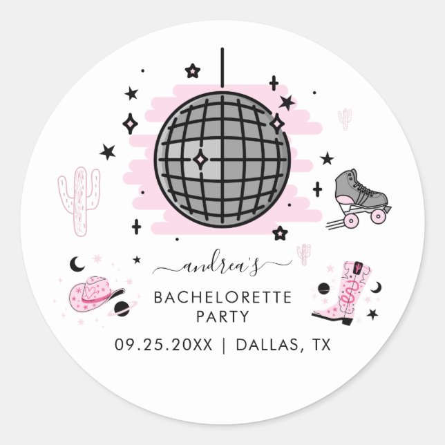 Space Cowgirl Retro Disco Bachelorette Party Pink  Classic Round Sticker (Front)