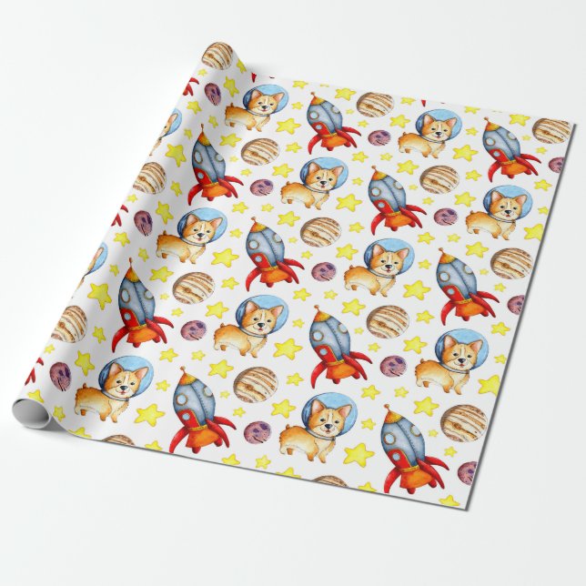 Space Cute Corgi Wrapping Paper (Unrolled)