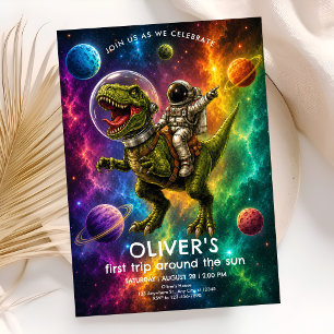 Space Dino First Birthday Party Invitation