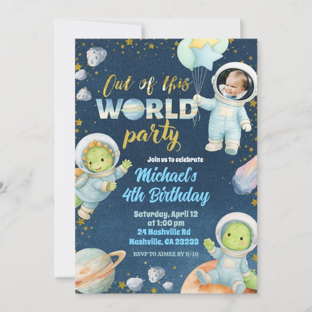 Space Dinosaur Birthday Invitation with photo (Devant)