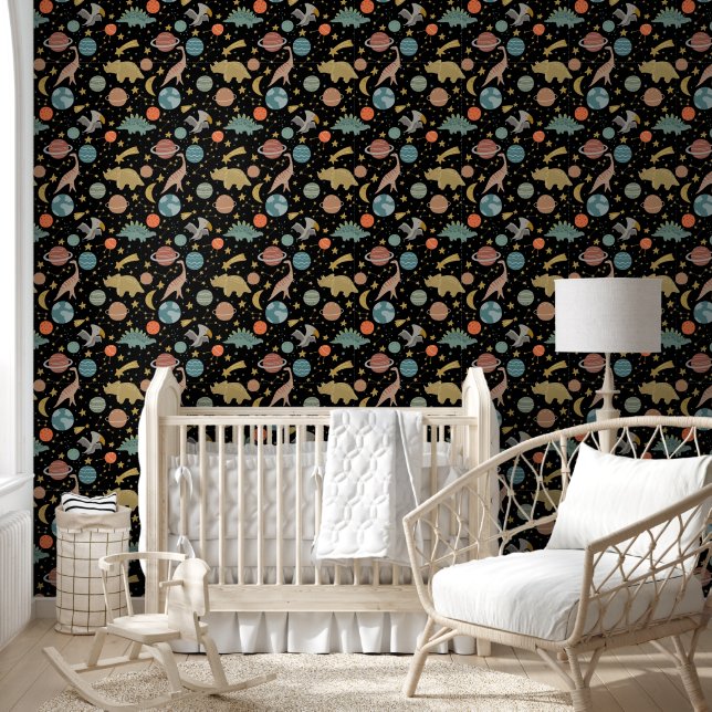 Space Dinosaurs Baby Boy Nursery Black Pattern Wallpaper (Kids)