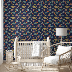 Space Dinosaurs Baby Boy Nursery Navy Pattern Wallpaper