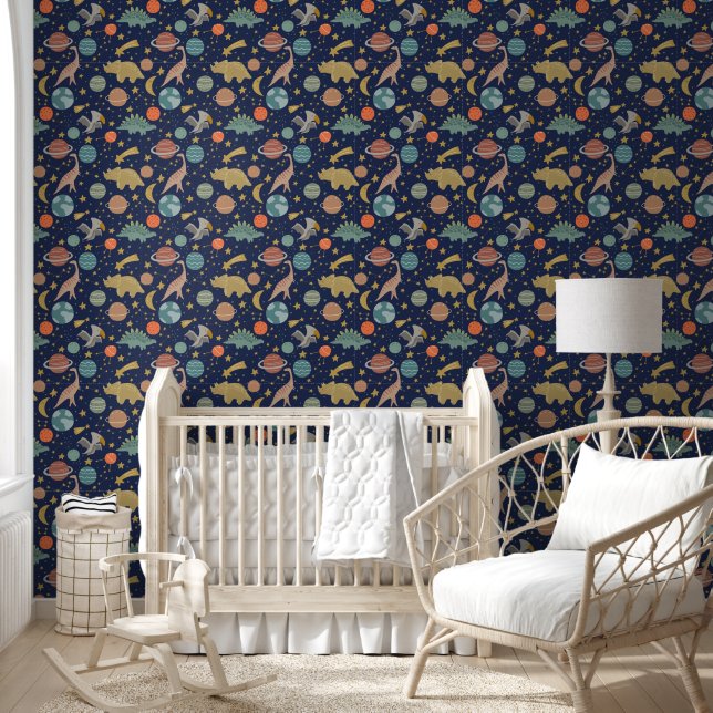 Space Dinosaurs Baby Boy Nursery Navy Pattern Wallpaper (Kids)