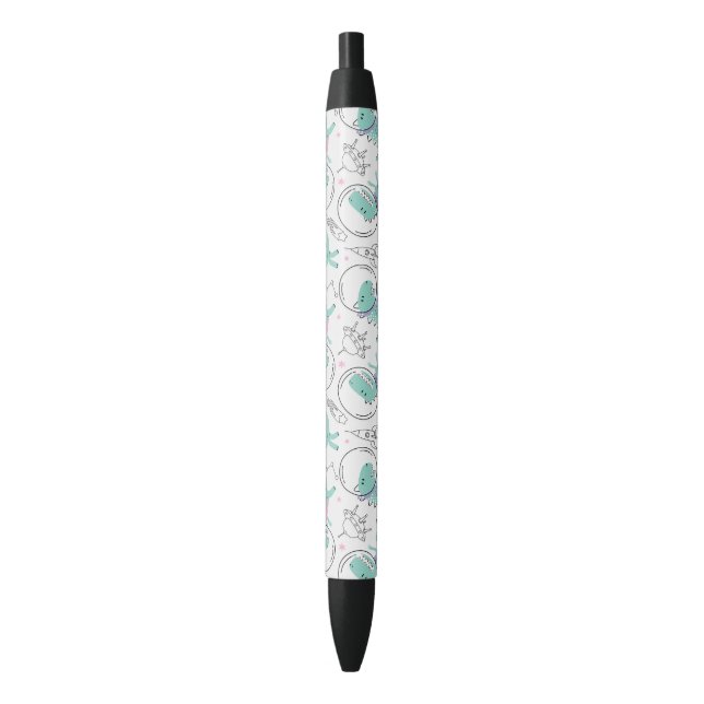 Space Dinosaurs, Cute Dinosaurs, Space Ship, Stars Black Ink Pen (Front Vertical)