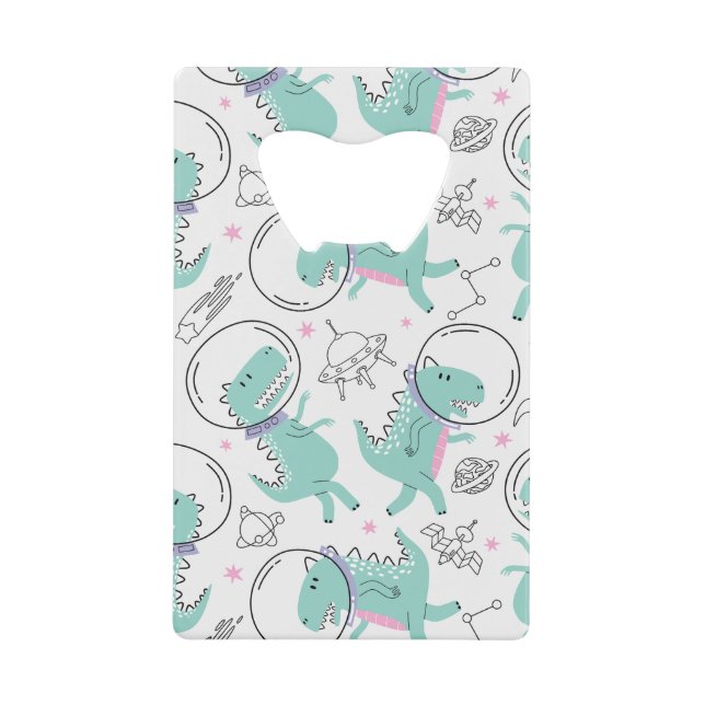 Space Dinosaurs, Cute Dinosaurs, Space Ship, Stars Credit Card Bottle Opener (Front)