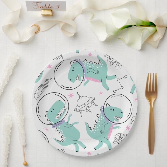 Space Dinosaurs, Cute Dinosaurs, Space Ship, Stars Paper Plate (Wedding)