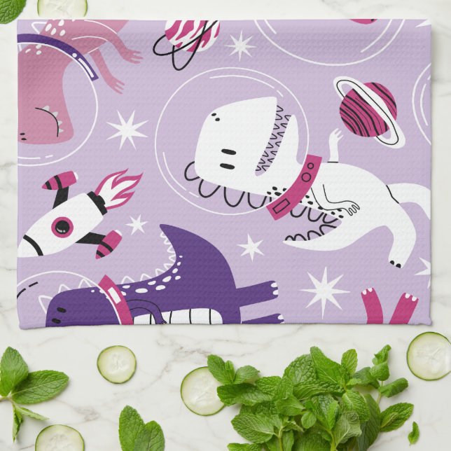 Space Dinosaurs, Cute Dinosaurs, Stars, Space Ship Kitchen Towel (Folded)