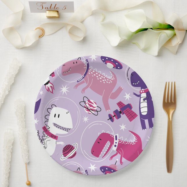 Space Dinosaurs, Cute Dinosaurs, Stars, Space Ship Paper Plate (Wedding)