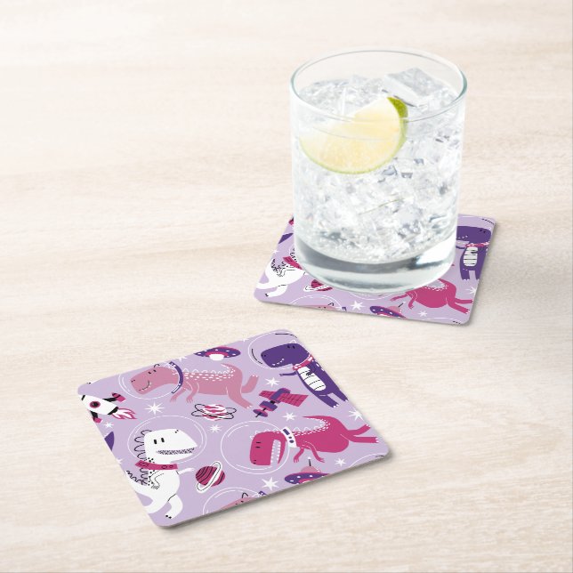 Space Dinosaurs, Cute Dinosaurs, Stars, Space Ship Square Paper Coaster (Insitu)
