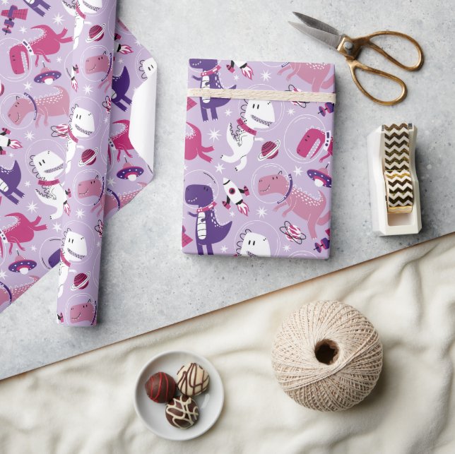 Space Dinosaurs, Cute Dinosaurs, Stars, Space Ship Wrapping Paper (Crafts)
