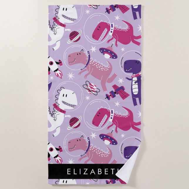 Space Dinosaurs, Cute Dinosaurs, Stars, Your Name Beach Towel (Front)