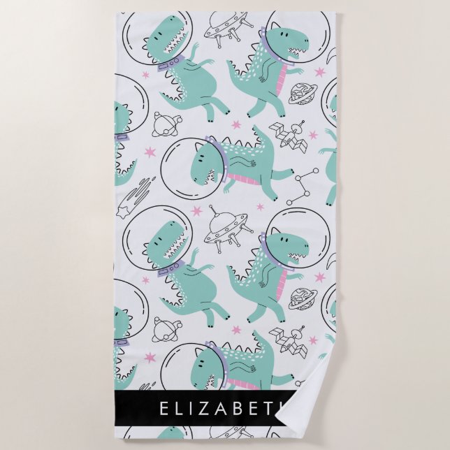 Space Dinosaurs, Cute Dinosaurs, Stars, Your Name Beach Towel (Front)