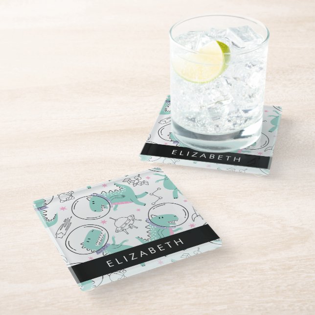 Space Dinosaurs, Cute Dinosaurs, Stars, Your Name Glass Coaster (Angled)