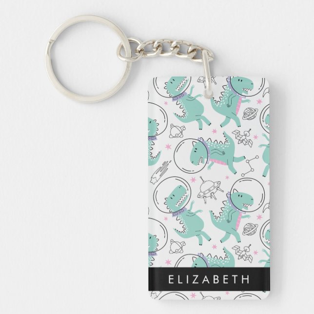 Space Dinosaurs, Cute Dinosaurs, Stars, Your Name Keychain (Front)