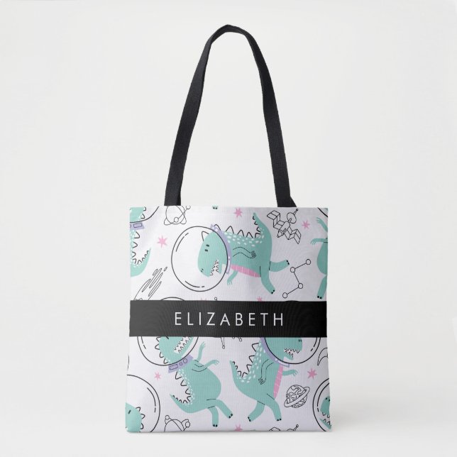 Space Dinosaurs, Cute Dinosaurs, Stars, Your Name Tote Bag (Front)