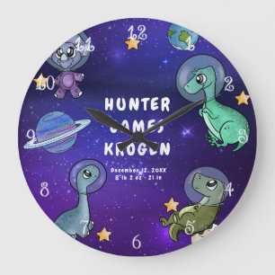Space Dinosaurs Galaxy Planets Stars Baby Nursery Large Clock
