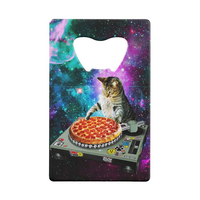 Space dj cat pizza credit card bottle opener (Front)