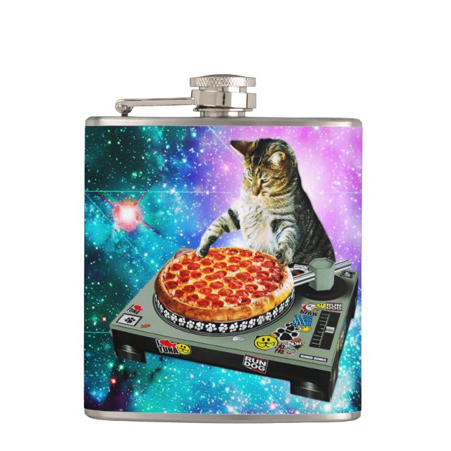Space dj cat pizza hip flask (Front)