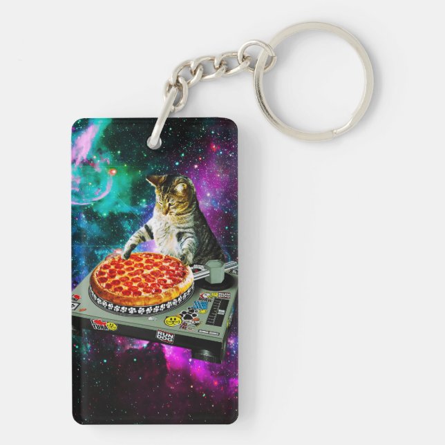 Space dj cat pizza keychain (Back)