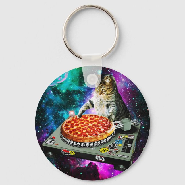 Space dj cat pizza keychain (Front)