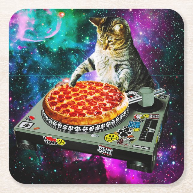 Space dj cat pizza square paper coaster (Front)