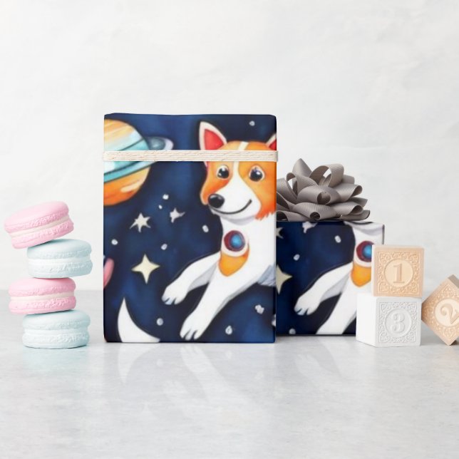 Space dogs planets galaxy universe wrapping paper (Baby Shower)