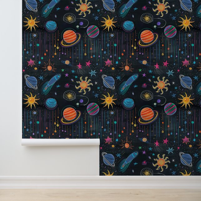 Space doodles, chalk on blackboard drawing wallpaper (Application)